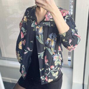 Vintage 90s Floral Cotton Jacket: High-Neck Acid Wash Bomber
